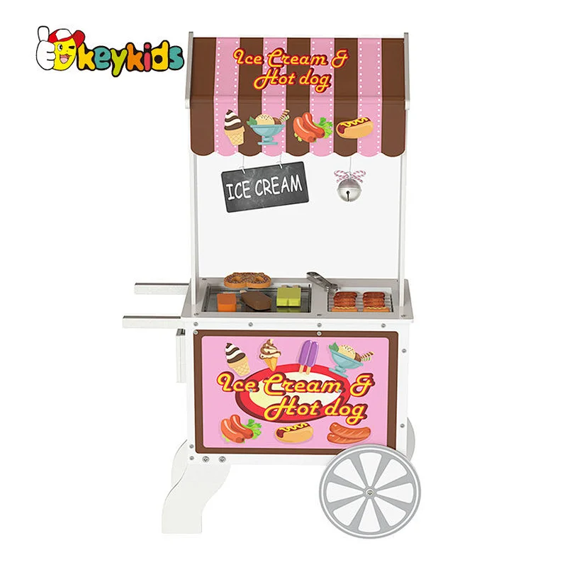 Reversible Awning Pretend Play Wooden Hot dog and Ice Cream Food Cart Toys for Kids W10A174