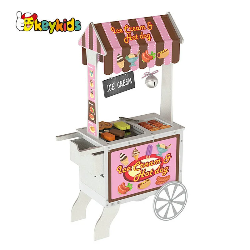 Reversible Awning Pretend Play Wooden Hot dog and Ice Cream Food Cart Toys for Kids W10A174